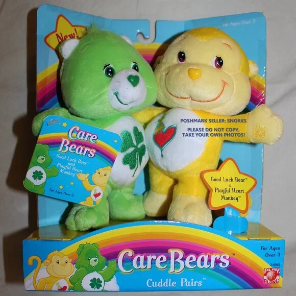 Care Bears Cuddle Pairs Good Luck & Playful Heart Monkey 2004 NEW vintage plush