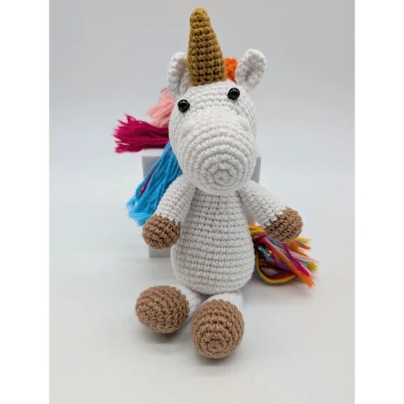 Handmade Crochet Unicorn Plush Stuffed Animal White Rainbow Mane And Tail 8.75