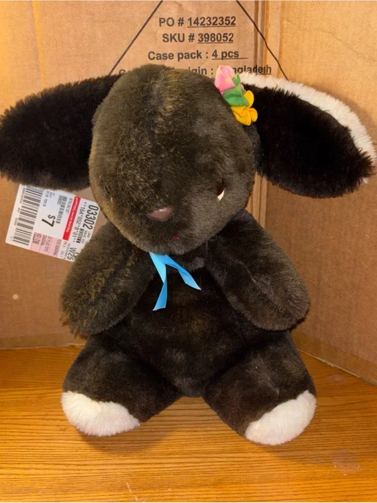 Gund Black Plush Bunny with Blue Ribbon and Multicolor Flower with rattle inside