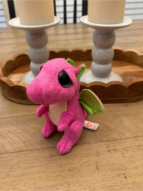 Ty Pink Sparkle Dragon Plush with Green Metallic Wings
