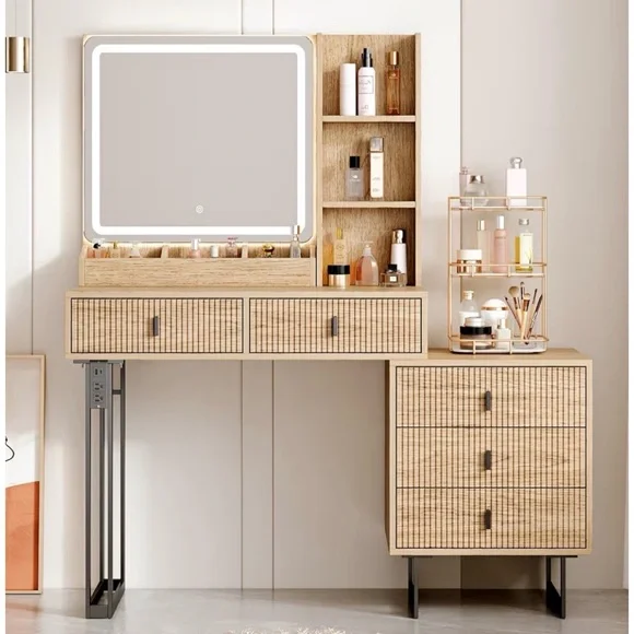 Woodgrain Makeup Vanity Organizer with LED Mirror - Natural