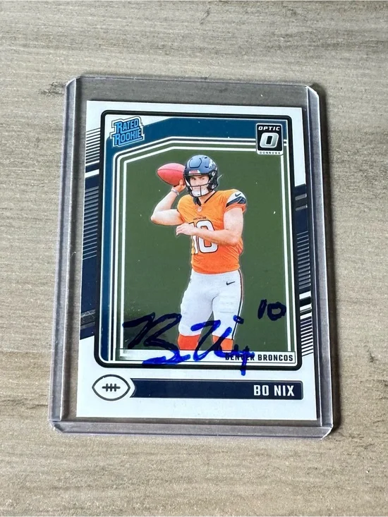Bo Nix Signed Rookie Card. 2024 Panini Rated Rookie #209. Autograph. Broncos.