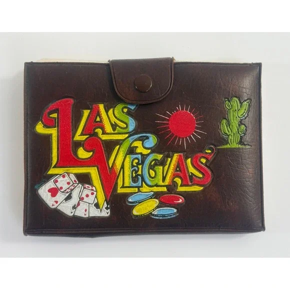 LAS VEGAS Leather Case w/‎ (2) Sealed Playing Card Decks Pencil and Paper