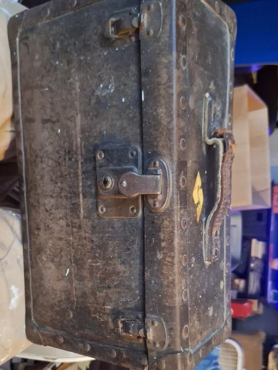 Vintage Small Black Leather Trunk with Rivet Detailing