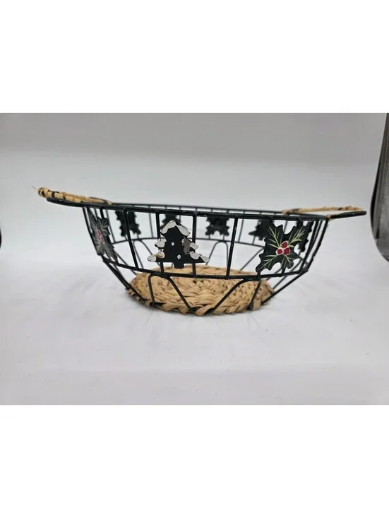 Decorative Woven and Metal Holiday Basket with Handles
