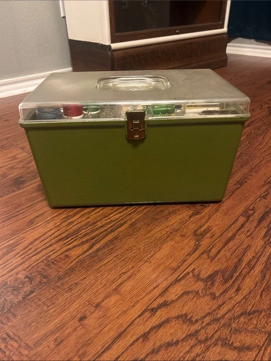 Vgt Olive Green sewing Box with Clear Lid w all contents shown.