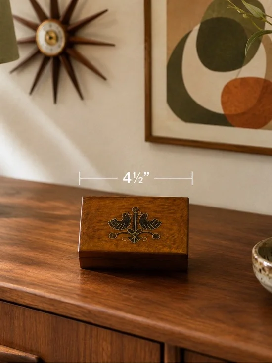 Mid Century Modern Polish Folk Art trinket box with brass inlay bird carvings