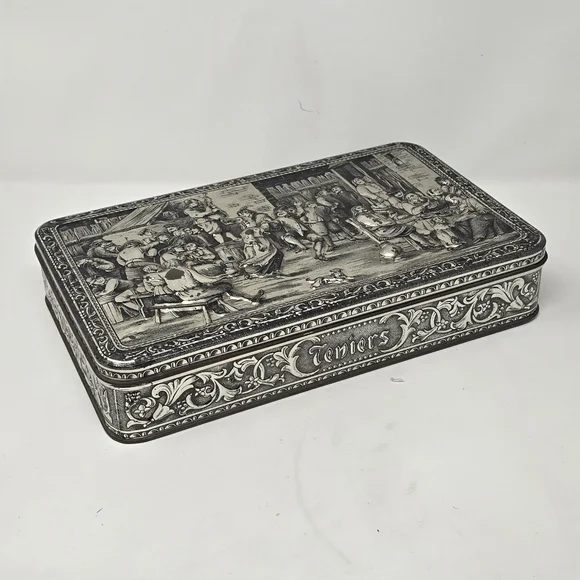 Vtg Teniers 3D tin box dancing socializing florentine biscuit‎ cookie box