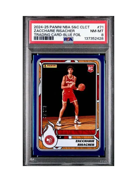 Zaccharie Risacher Rookie 2024-25 Panini NBA #71 Sticker 36/215 Blue Foil PSA 8