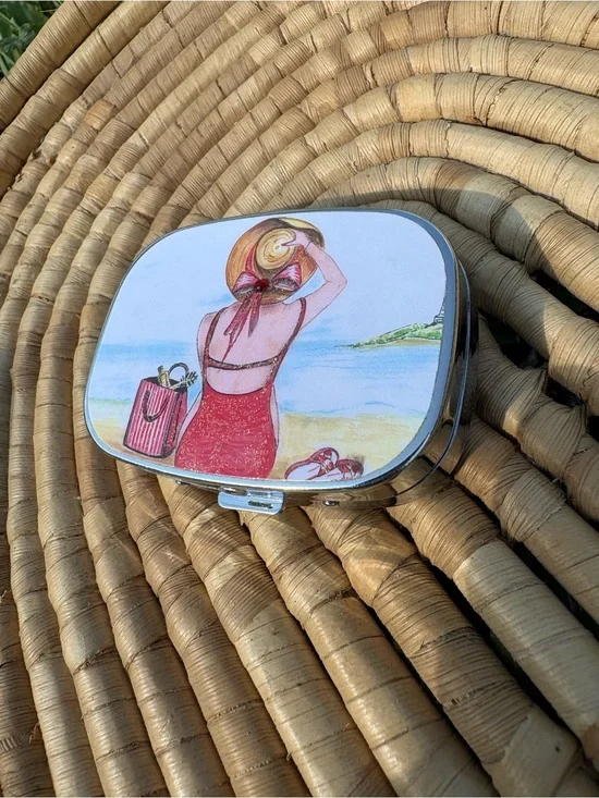 Art Deco ~ Compact Pill Box with Red Dress Beach Illustration Storage