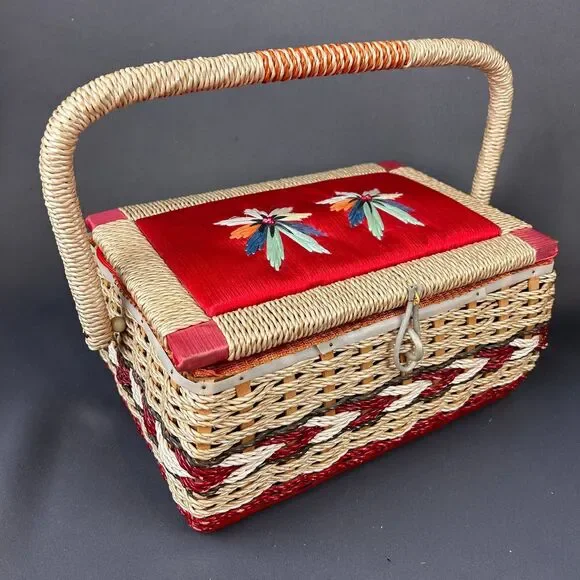 Charming Vintage Cream + Red Wicker Sewing Box 11
