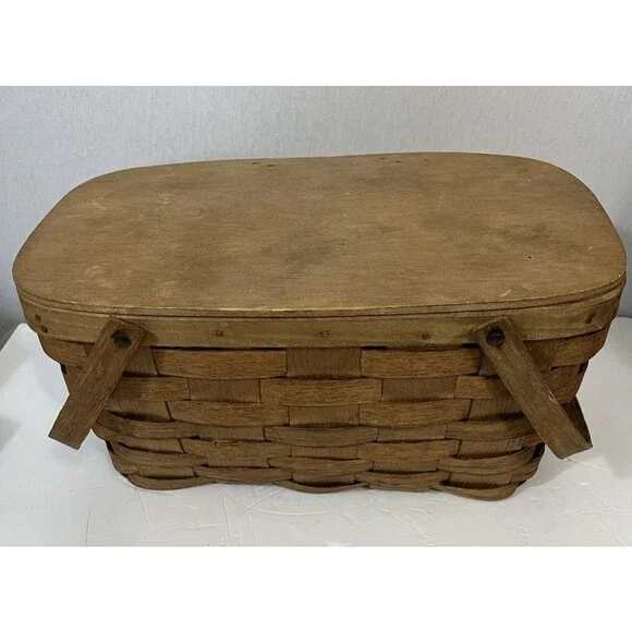 Vintage Basketville Putney Vermont Woven Wood Splint Picnic Basket With Lid