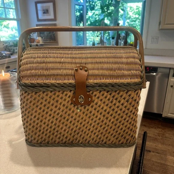 Vintage Wicker Picnic Basket with Green Checkered Accessories. Cottagecore