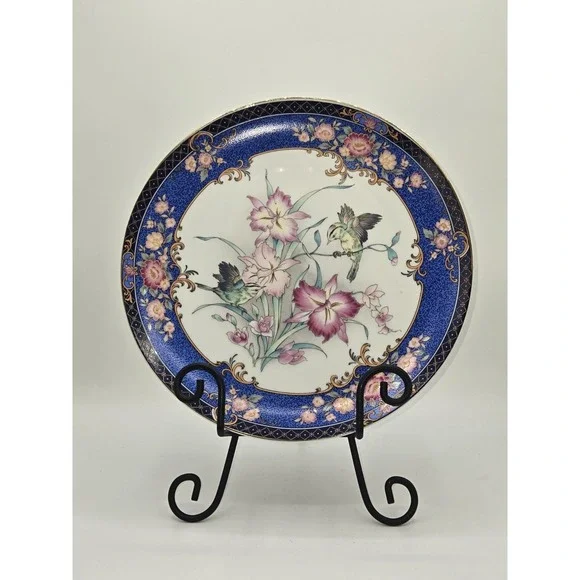 Vintage Japanese Decorative Porcelain Cabinet Plate Birds Floral Cobalt Blue