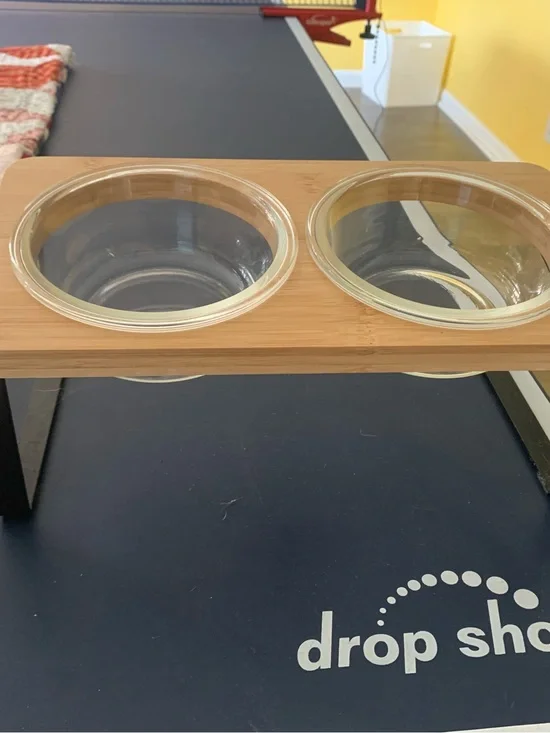 Amazon Bamboo Double Elevated Cat Bowl Set with Clear Glass Bowls