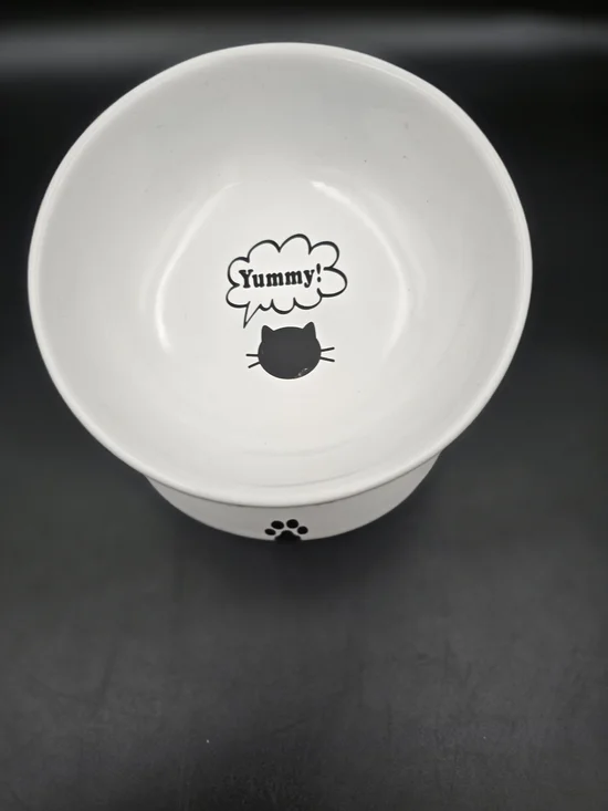 Ceramic Cat Food Bowl - White with 'Yummy!' Design