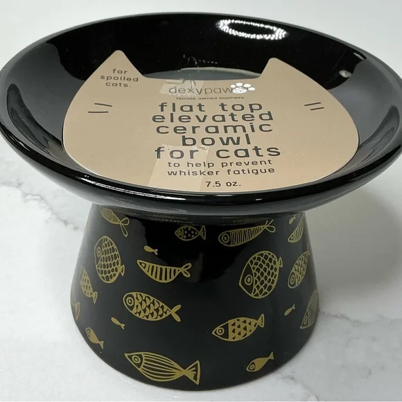 Dexypaws Cat Kitten Food Bowl Raised Extra Large Elevated Black & Gold Fish NEW