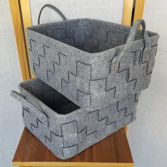 Large Flannel Felt Basket with Handle Gray Woven Set of Two 15