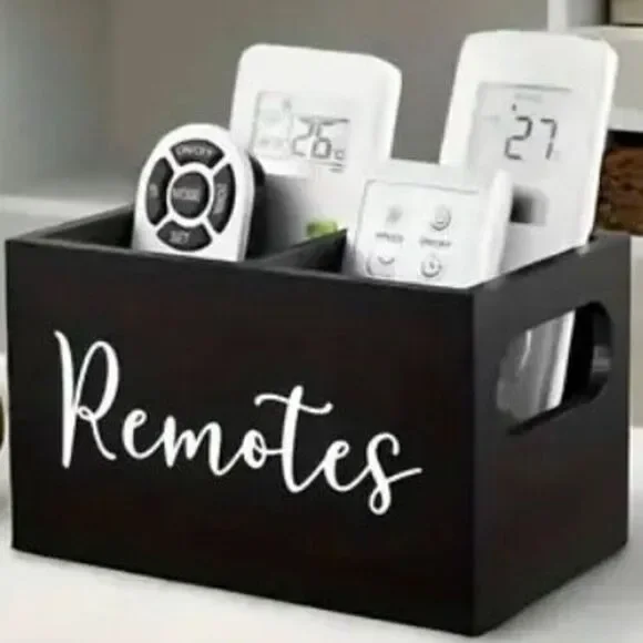 NWT Gorgeous Black Pine Wood Remotes Graphic 2 Slots Minimalist Organizer Holder