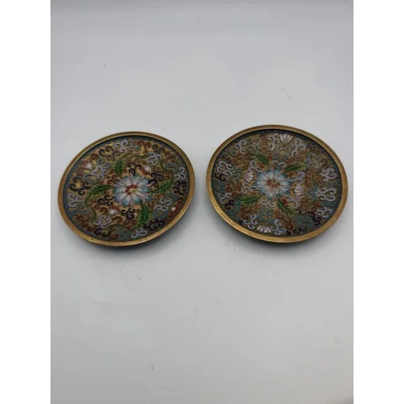 Pair Vintage Chinese Cloisonné Enamel Trinket Dishes Lotus Floral 4.25