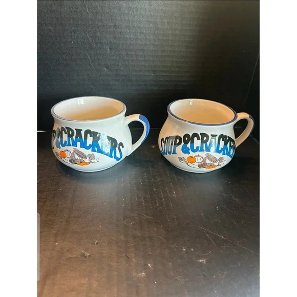Vintage Soup And Cracker  Set Of 2 Ceramic Soup bowls with Handles