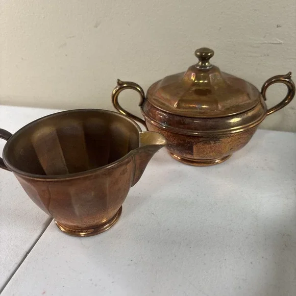 Vintage‎ Manning Copper and Brass Creamer and Sugar Bowl Set with Patina