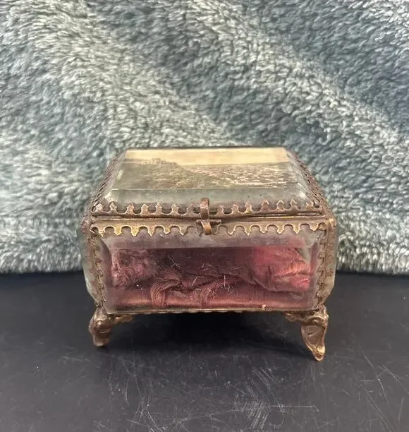 Edwardian Trinket Casket Grand Tour Satin Cushion Bevelled Glass Heidelberg