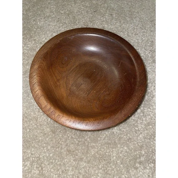 Vintage Solid Wood Round Decorative Bowl 7 Inch Green Felt Bottom Catchall Brown