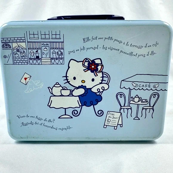 VTG 2002 Sanrio Hello Kitty Metal Lunch Box Tin French Cafe Blue Y2K Stationery