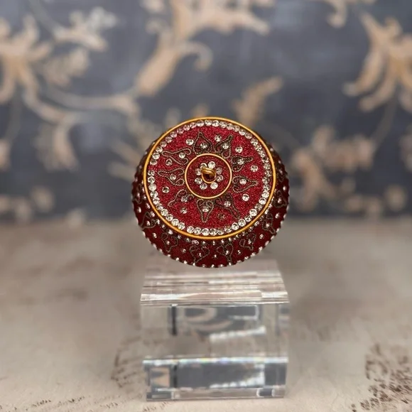 Vintage Red Jeweled Trinket Box Rhinestone Enamel Ormolu Round Casket