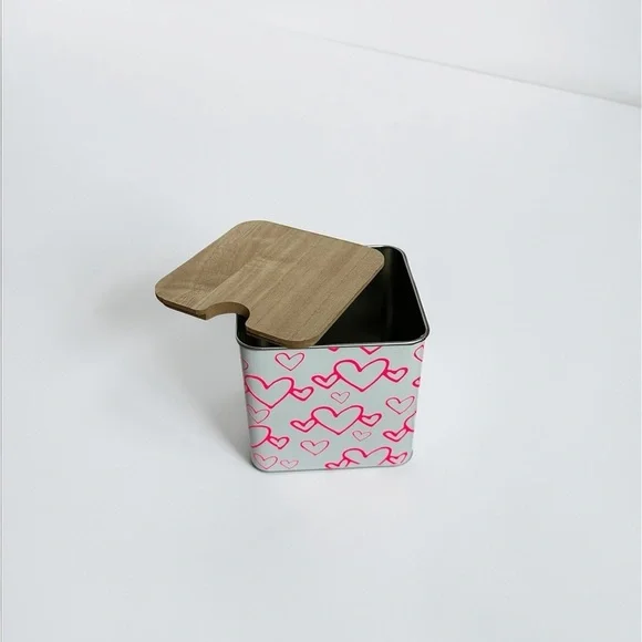 Heart Patterned Storage Tin with Wooden Lid