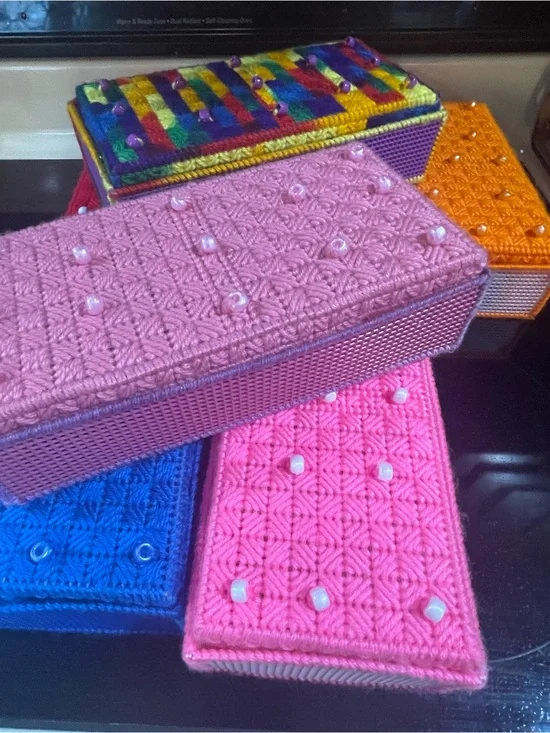 Vintage Hand Knitted Crochet Boxes Lot of 7 Various Size, Colour, Pattern