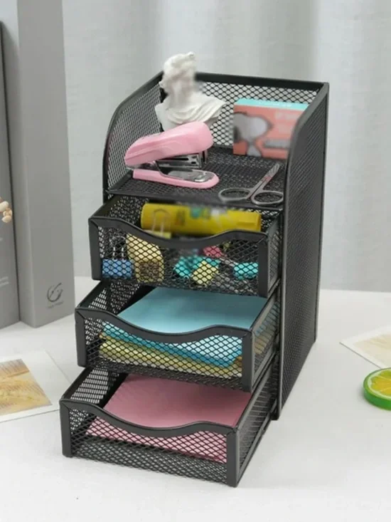 2Pcs 3-Drawer Metal Mesh Caddy Office Supplies Jewelry Desktop Storage Organizer