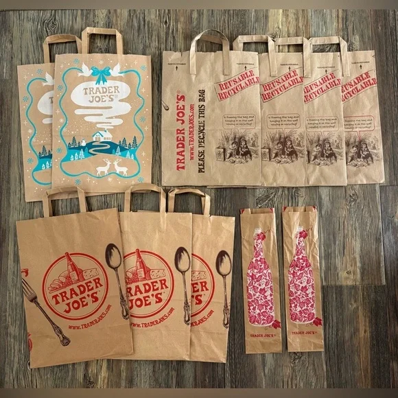 Trader Joe’s Empty Paper Shopping Grocery Bags (9), Wine Bags (2) Various Styles