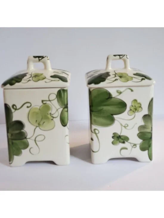 Jay Wilfred Canisters Square Ceramic Ivory Green Leaf Design Portugal - Set of 2