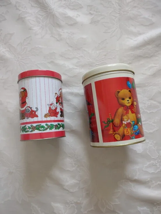Vintage Teddy Bear Holiday Tin Cans With Lid