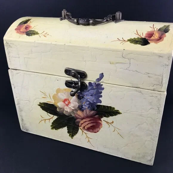 Antique-Like Small Lacquerware Box, Hand-Painted Yellow Flowers, Keepsake Chest