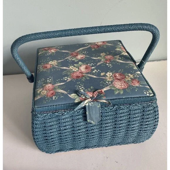 Floral Wicker Sewing Basket w Handle, Compartment Blue 10” X 10” X 7”