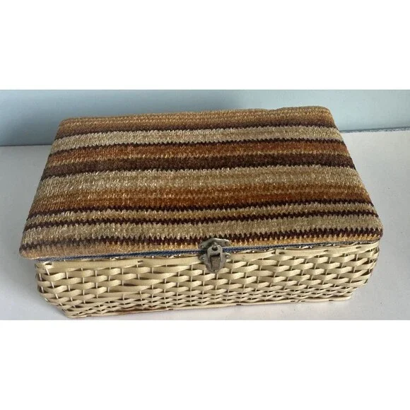 Vintage Woven Wicker  Sewing Basket Box W Carpet Tapestry Lid Wooden