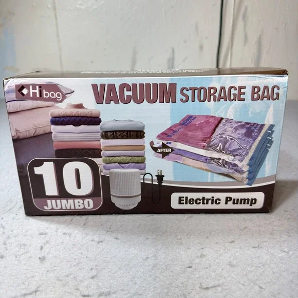 Hibag Vacuum Storage Bags 10 Jumbo Pack with Electric Pump Clear Good Condition