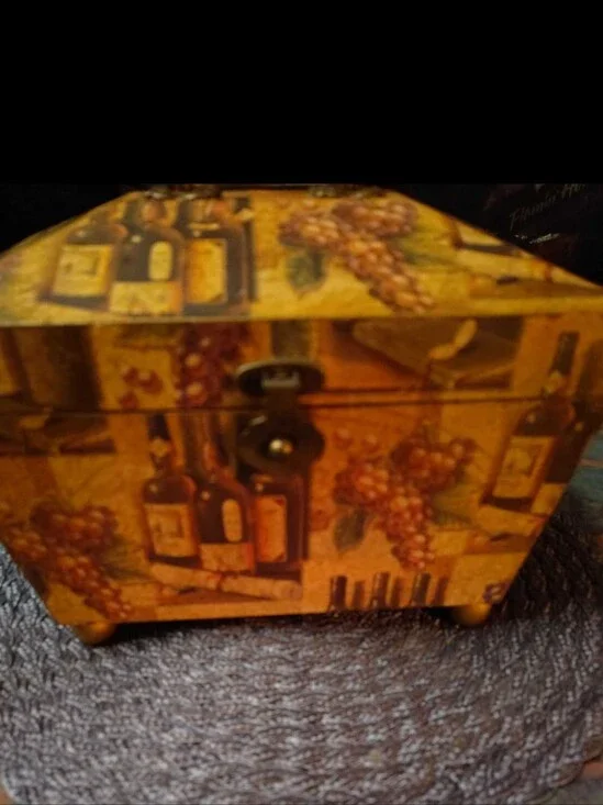 Decorative Wine-Themed Wooden Box in Warm Yellow-Brown