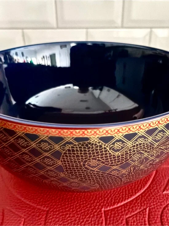 Williams Sonoma Chinese Lunar Blue and Gold Porcelain Dragon Bowl NEW
