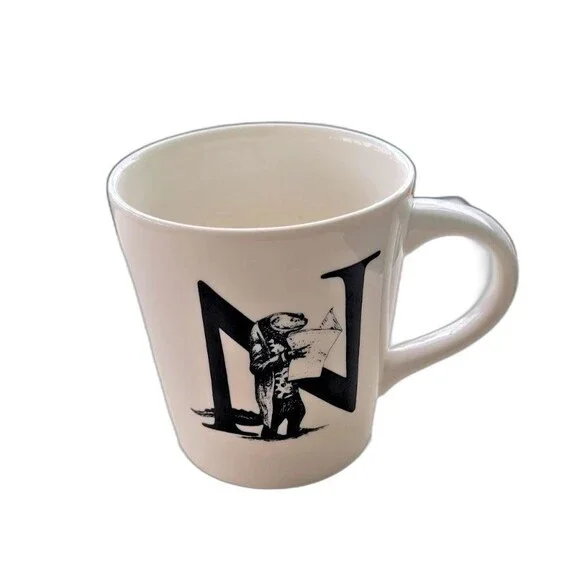 Williams Sonoma Rory Dobner Monogram Initial N NEWT With NEWSPAPER Coffee Mug