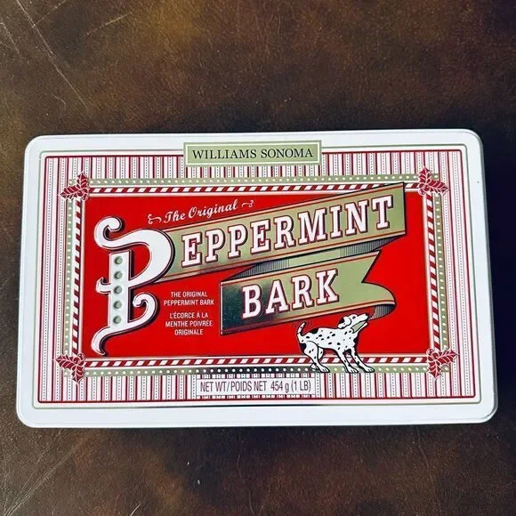 Williams Sonoma Peppermint Bark Vintage Candy Cane Christmas Tin Decor