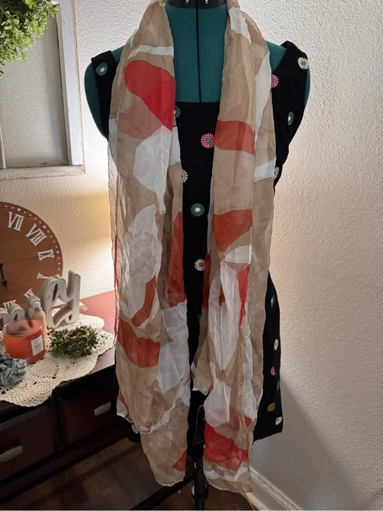 NWT M&S Collection Pure Silk Abstract Scarf Wrap Beige Coral