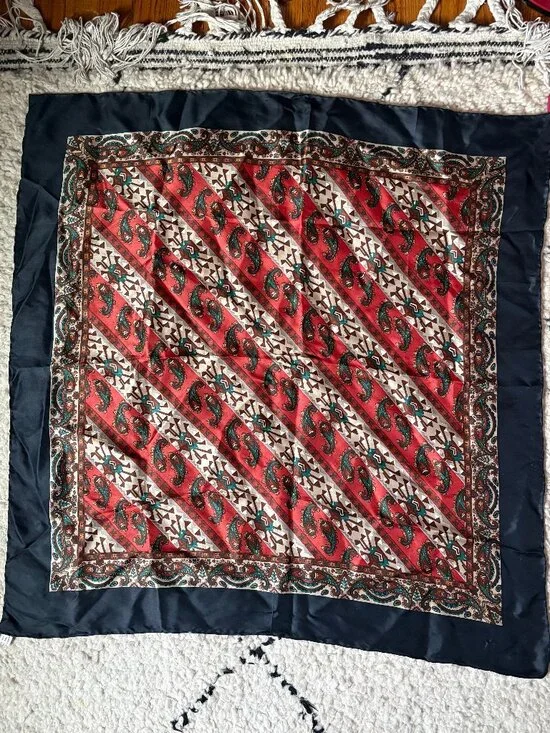 Vintage sizable silk paisley multicolored scarf hand rolled hand printed 30