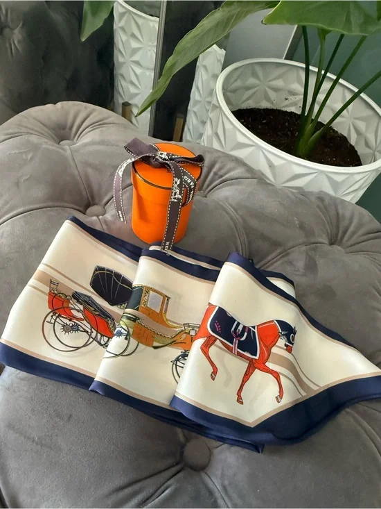 Silk Equestrian-Inspired Silk Carriage Scarf with Navy Trim