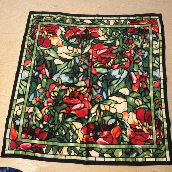 Metropolitan Museum of Art Tiffany Style Silk Scarf Green Stained Glass Floral
