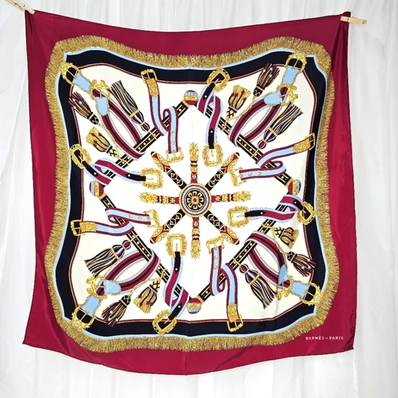 Hermès Paris Vintage Carré Red Gold And Blue 100% Silk Scarf Equestrian