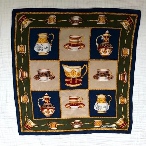 Vintage Jones New York Silk Scarf Hand Rolled Teacup Print 21” Grandmillennial